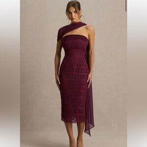 Strapless Lace Sheath Dress with Draped Shoulder in Wine